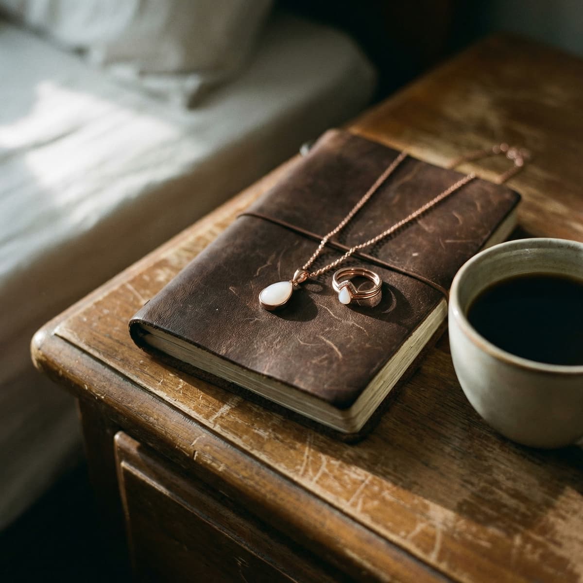 Rose-gold breastmilk jewelry pendant and ring displayed on a leather journal beside a coffee cup, a sentimental keepsake celebrating a 1 year breastfeeding award.