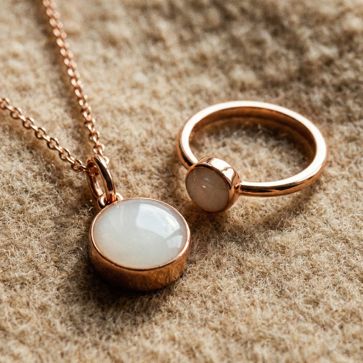 Rose gold breastmilk keepsake necklace and ring with milky white resin stones on soft beige fabric, a meaningful 1 year breastfeeding gift for moms