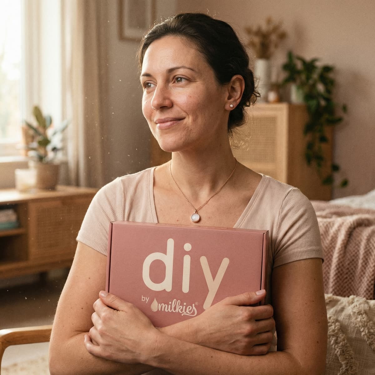 Mother holding a DIY by MILKIES breastmilk jewelry keepsake kit box at home, a thoughtful 1 year breastfeeding gift that shows why an at-home, private, hands-on memento is a great idea.