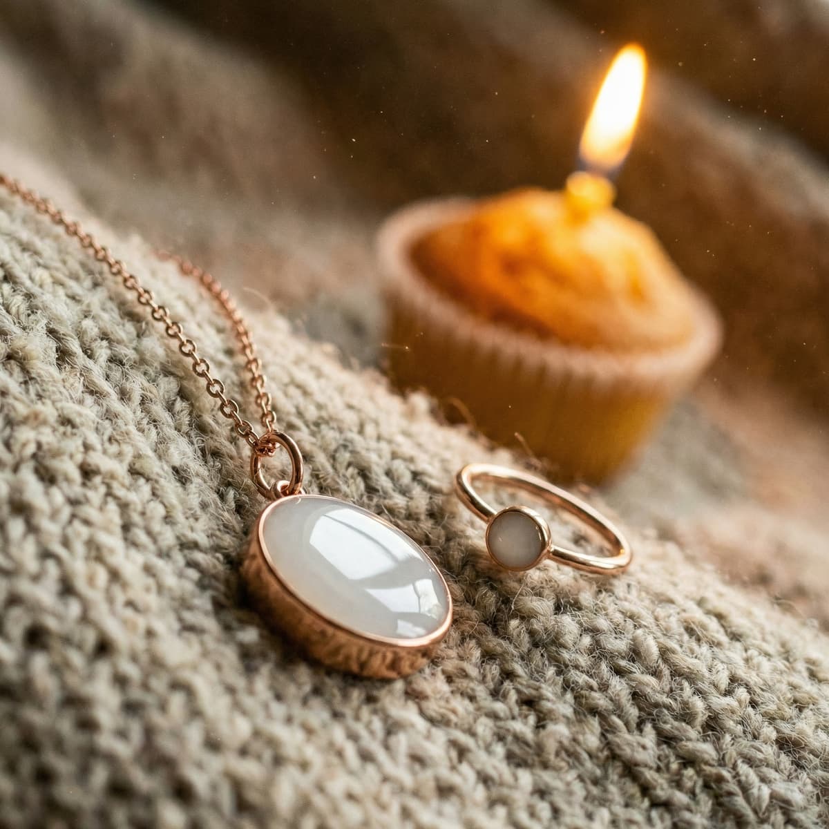 Rose-gold necklace pendant and matching ring with milky-white resin stones on a knitted blanket beside a lit candle, an elegant 1 year breastfeeding keepsake jewelry set.