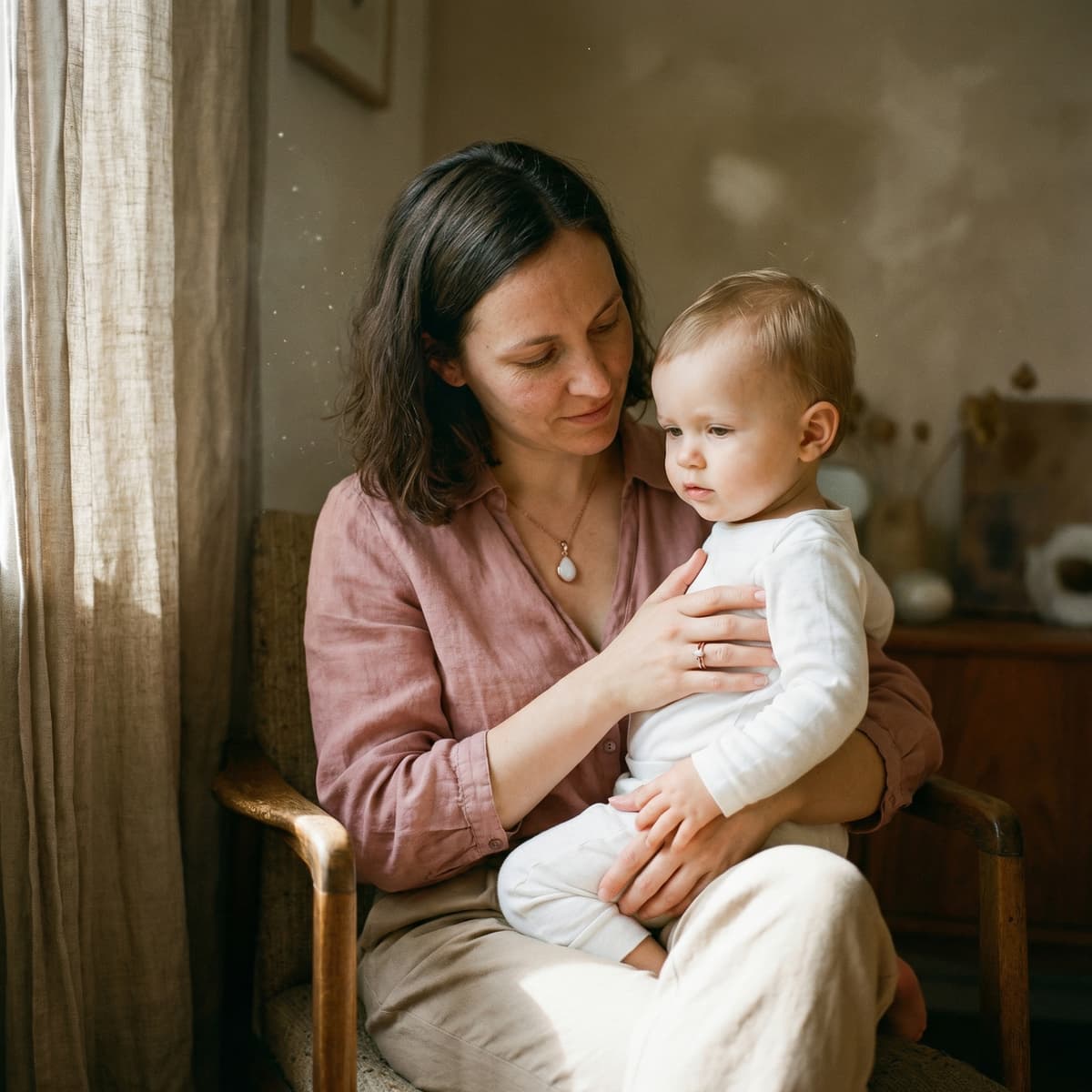 Mom holding her baby in a cozy home, wearing a delicate breastmilk pendant as a meaningful 1 year breastfeeding keepsake and showing why the DIY by MILKIES at-home kit is a private way to preserve the journey.