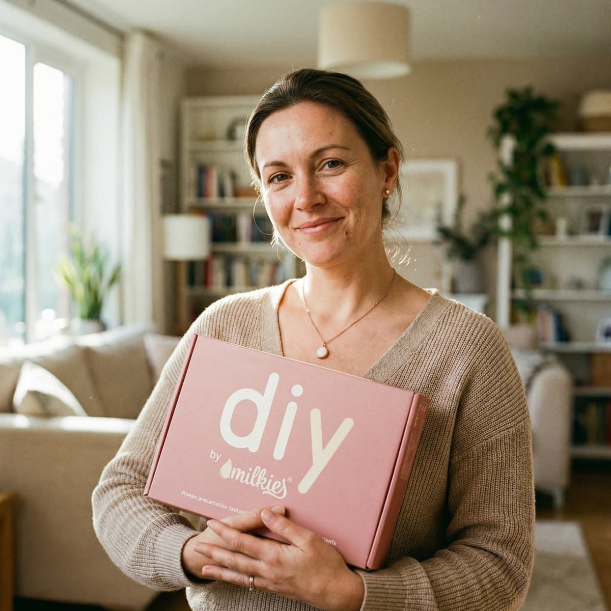 Mother at home holding a pink DIY by MILKIES breastmilk keepsake kit box, a meaningful at-home option to celebrate a 6 months breastfeeding award with a private, hands-on breastmilk preservation project.