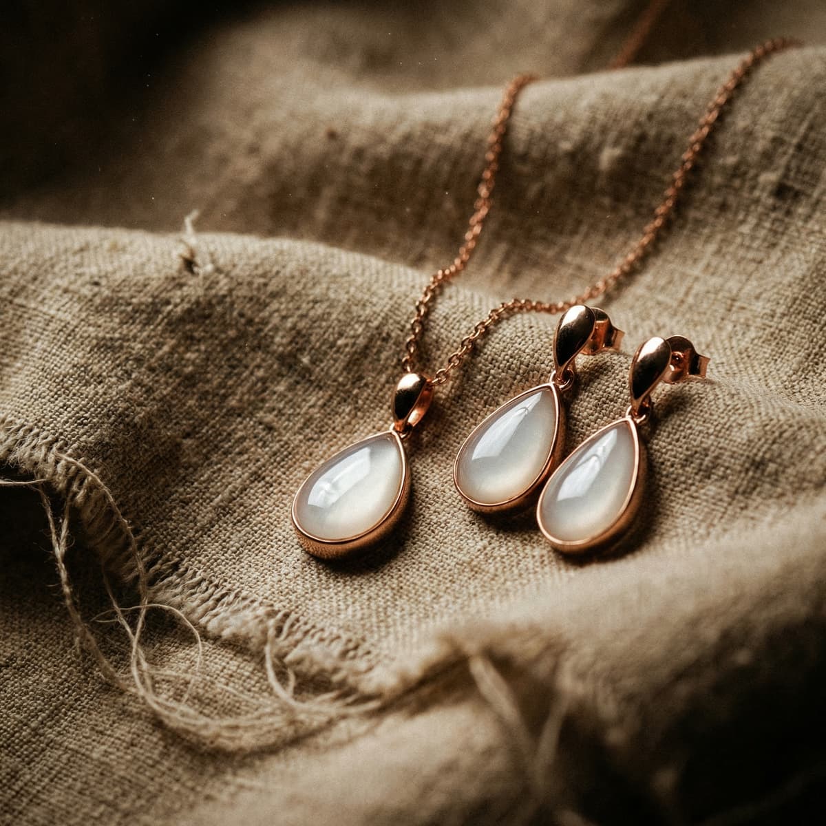 Rose gold teardrop pendant necklace and matching earrings with milky resin stones, a baby keepsake for mom displayed on soft beige linen fabric.