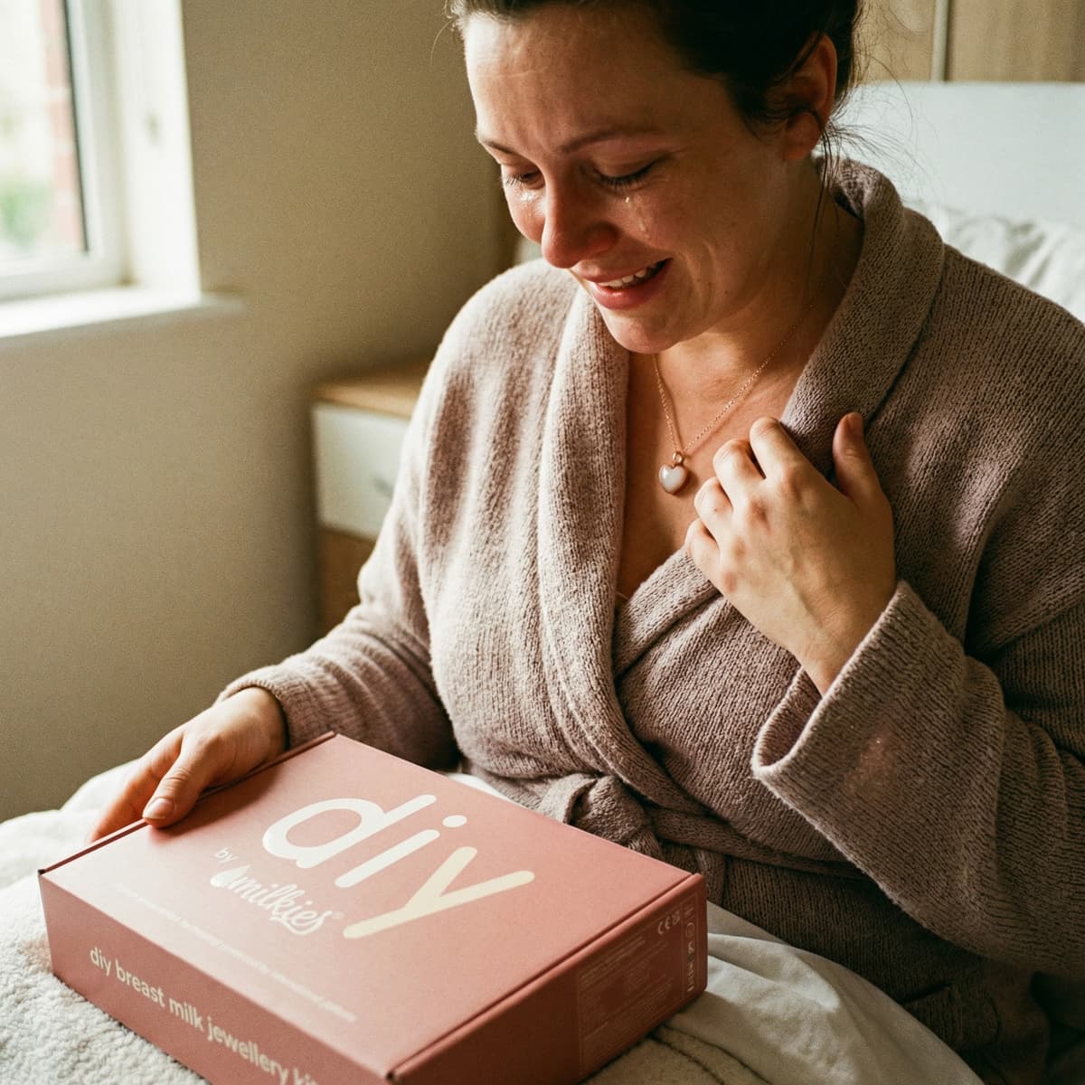 Cozy new mom in a robe holding the DIY by MILKIES breast milk jewellery kit box, showing why personalized at-home keepsakes are among the best push presents for celebrating a motherhood milestone.