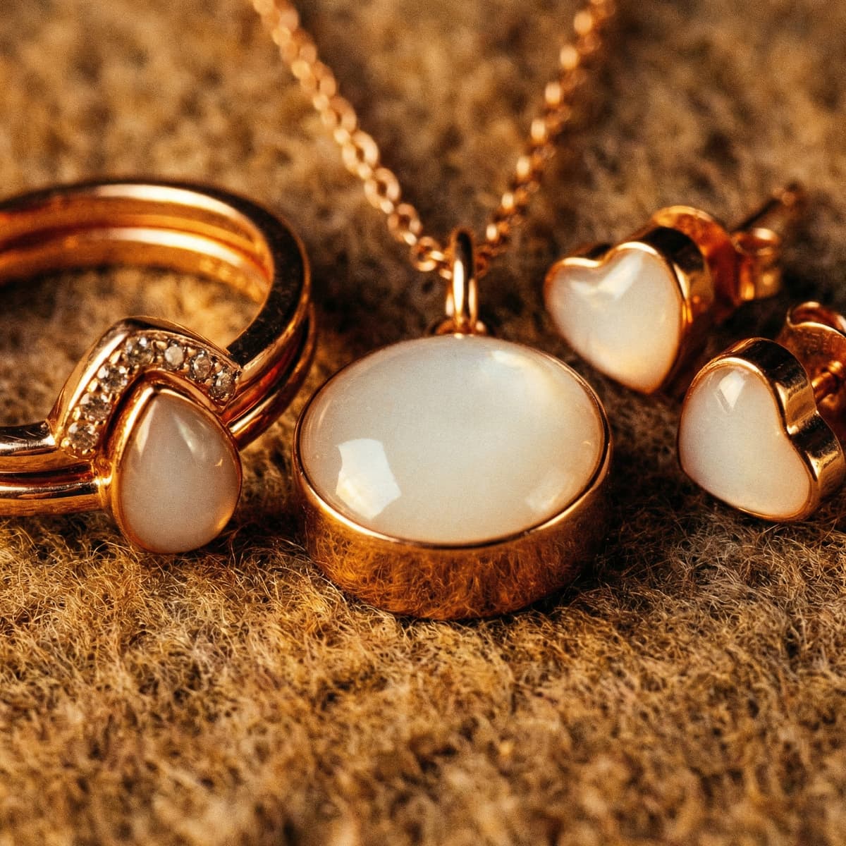Gold-tone breast milk jewellery set displayed on textured fabric, featuring a round pendant necklace, heart-shaped earrings, and a ring with an oval white keepsake stone in matching settings.