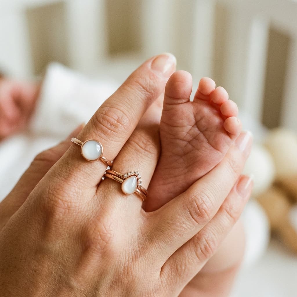 Mother holding newborn baby feet while wearing rose gold breast milk jewellery rings with milky white resin stones keepsake