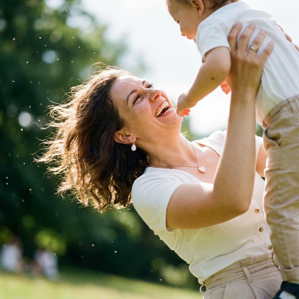Mother outdoors in soft sunlight lifting her baby while wearing breast milk jewellery earrings and a matching pendant necklace