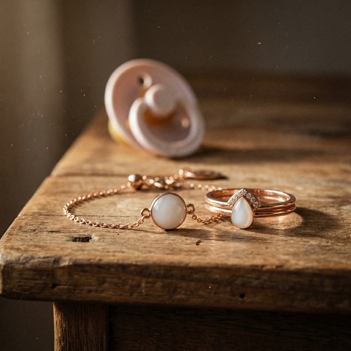 Rose gold bracelet and rings with milky white resin stones displayed on a rustic wooden table, showcasing finished keepsakes made from a breast milk jewellery kit.