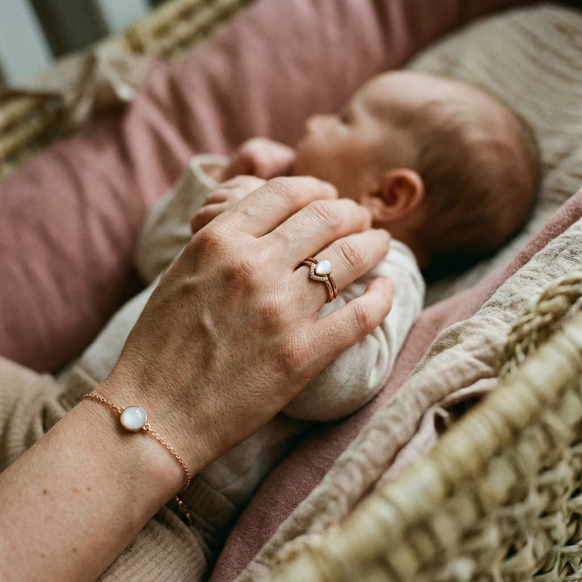 Mother cuddles newborn in a woven bassinet while wearing a keepsake ring and bracelet from a breast milk jewellery kit with milky white resin stones.