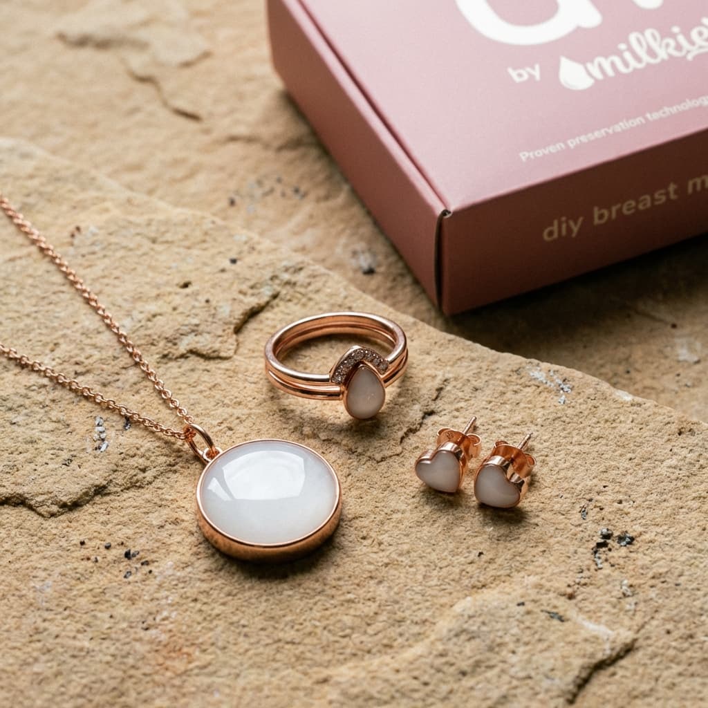 Rose gold DIY by MILKIES display of a breast milk jewellery kit featuring a milk-white resin pendant necklace, matching ring, and heart stud earrings beside a pink keepsake box