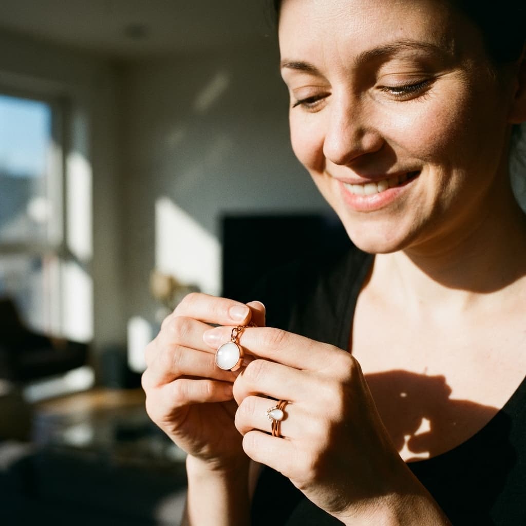 A smiling mother holds up a finished pendant made with a breast milk jewellery kit, showing the creamy resin keepsake as an example of why the DIY at-home kit is a meaningful choice.