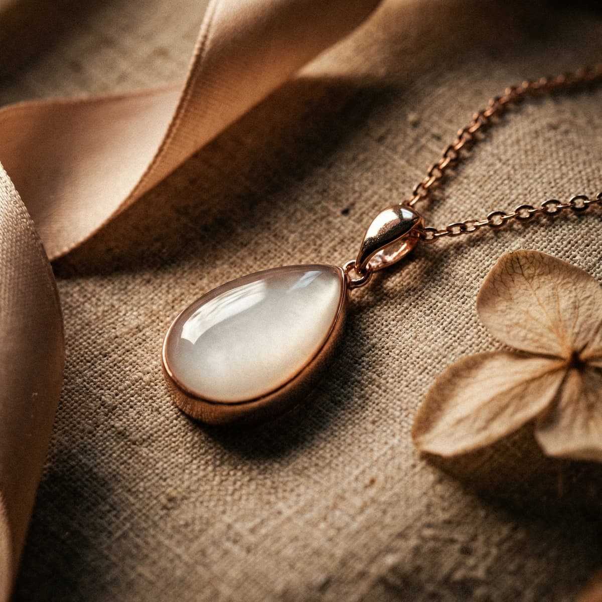 Close-up of a rose gold teardrop pendant necklace featuring a milky white resin stone, a delicate breastfeeding celebration keepsake displayed on linen fabric beside a dried flower.