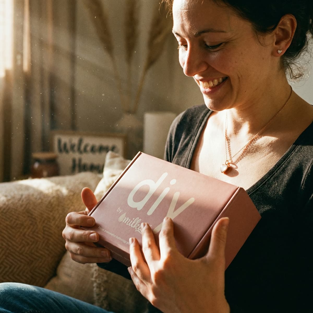 Smiling mom unboxing the DIY by MILKIES at-home breastmilk keepsake kit in warm natural light, a thoughtful option for a breastfeeding celebration and a convenient way to create a personal breastmilk jewelry memory at home.