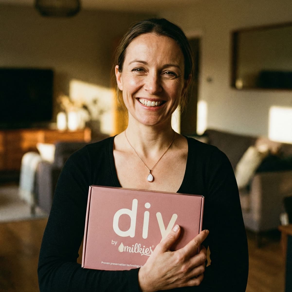 Smiling mom holding a DIY by MILKIES at-home kit box, an easy breastfeeding journey gift, highlighting why choosing the kit is a good idea for preserving breastmilk keepsakes at home.
