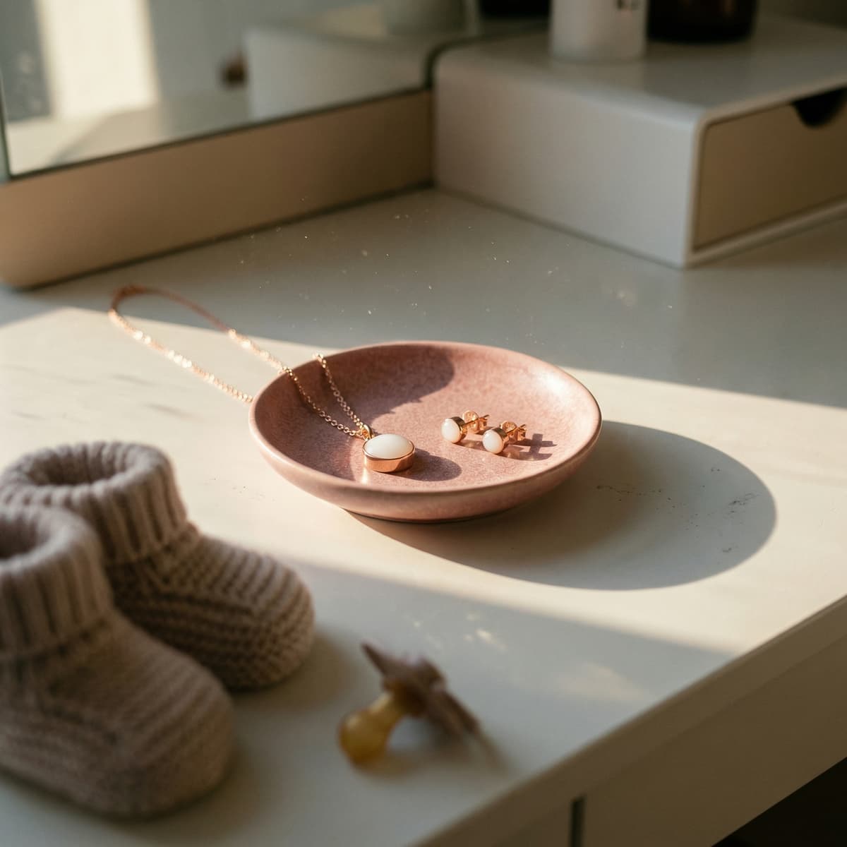 Sunlit jewelry tray with a gold pendant necklace and matching stud earrings featuring milky white stones, a breastfeeding keepsake displayed beside knitted baby booties on a minimalist dresser.