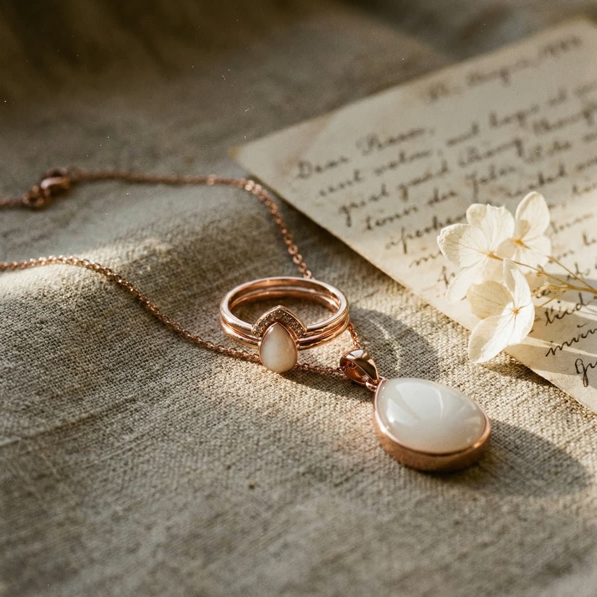 Rose gold necklace pendant and matching ring with milky white resin stones, a delicate breastfeeding keepsake arranged on linen beside handwritten letters and white flowers.