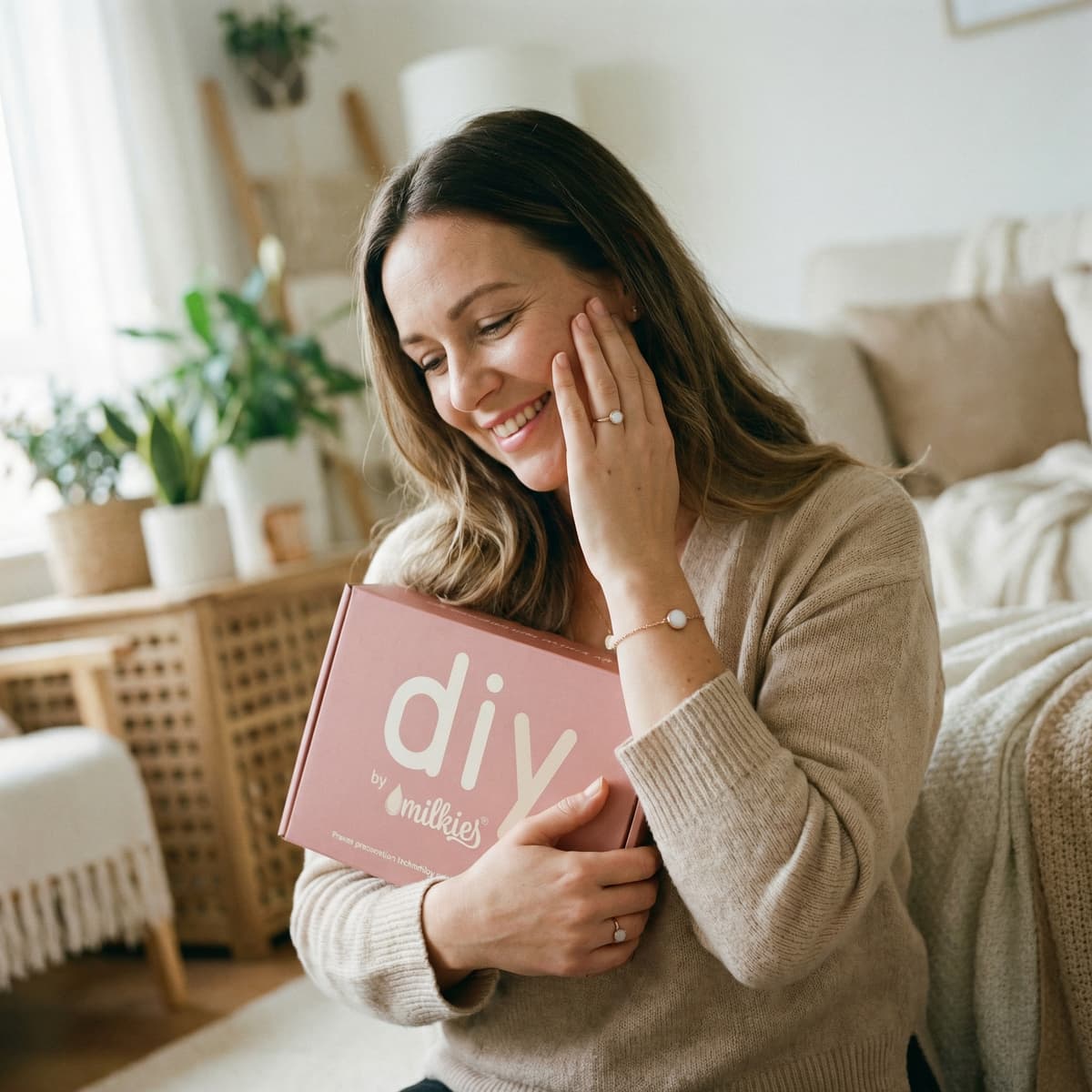 Smiling mother at home hugging a DIY by MILKIES kit box, showing why this at-home breastfeeding keepsake kit is a convenient, private way to create a personal resin jewelry memento.