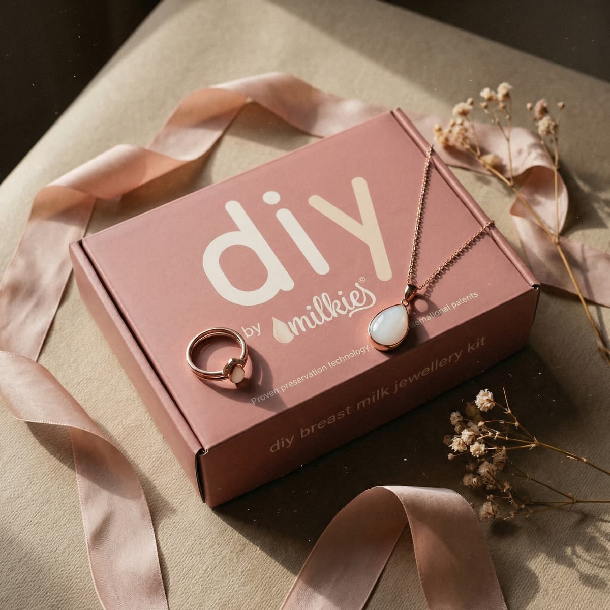 Rose-gold DIY by MILKIES breast milk jewellery kit box with ring and teardrop pendant, soft pink ribbon and dried flowers, a thoughtful breastfeeding new mother gift for making a keepsake at home.