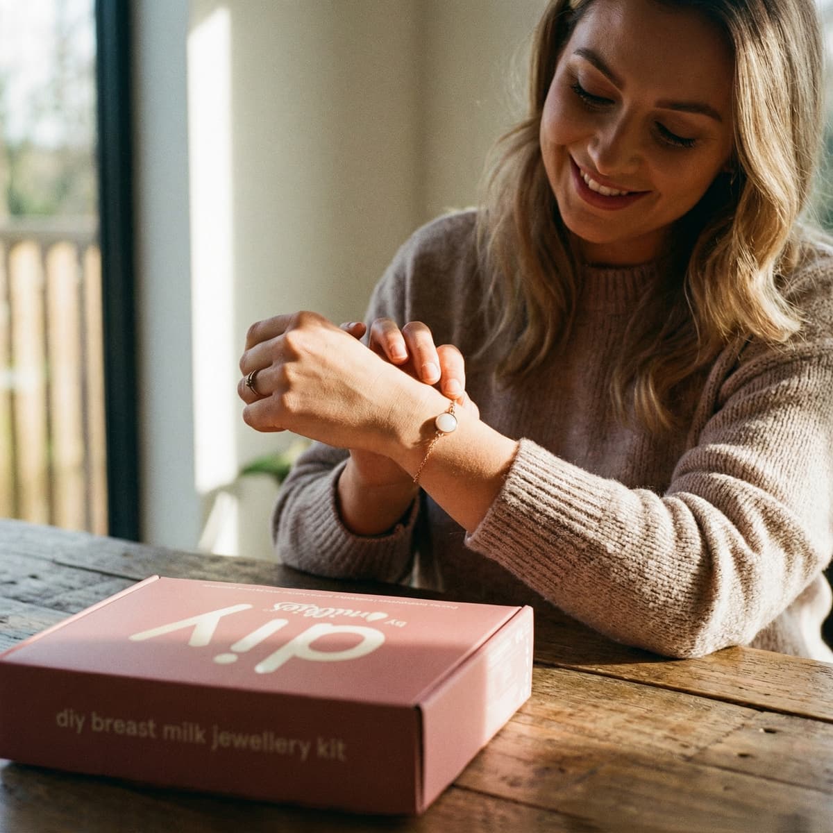 Mom fastening a breastmilk bracelet beside the DIY by MILKIES breast milk jewellery kit box, showing an easy at-home way to create a meaningful keepsake in privacy