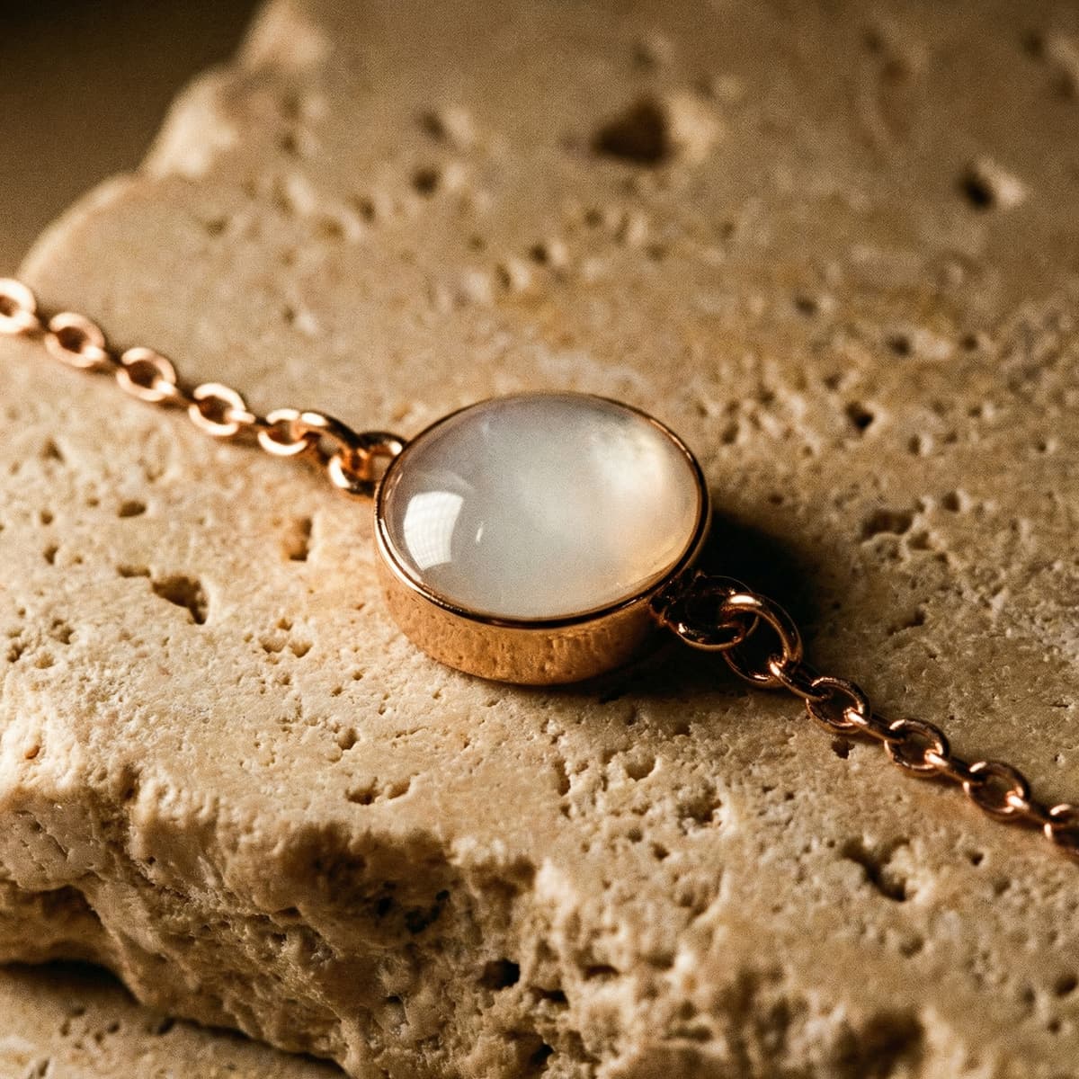 Rose-gold chain bracelet with an oval milky-white resin stone, showcasing a keepsake jewelry setting from a breastmilk bracelet diy kit on a textured stone surface.