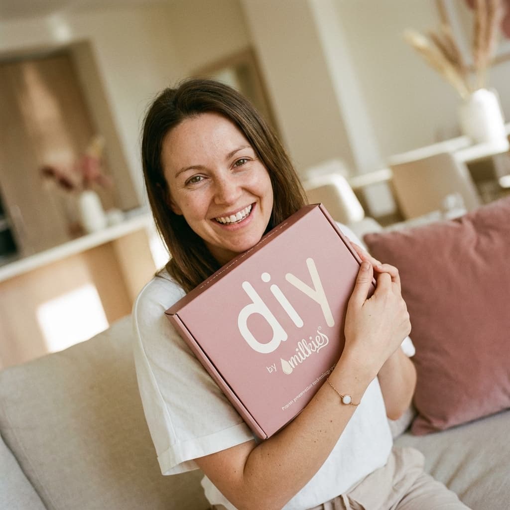 Smiling mom holding the DIY by MILKIES box, showing why this breastmilk bracelet kit is an easy at-home way to create a meaningful keepsake.