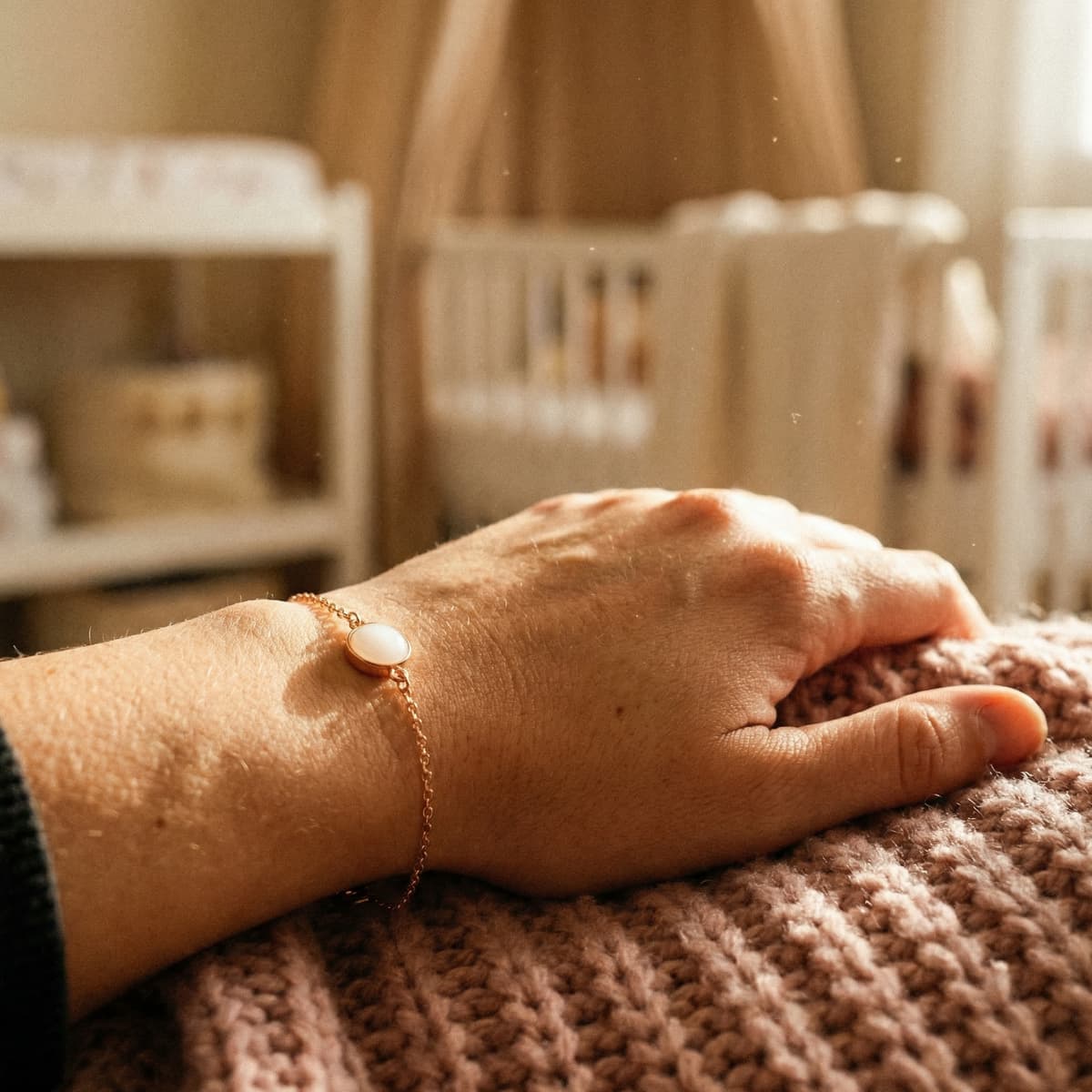 Close-up of a mother’s wrist resting on a knitted blanket, wearing a rose-gold chain with an oval white resin keepsake charm, showcasing breastmilk bracelets in a warm nursery setting.