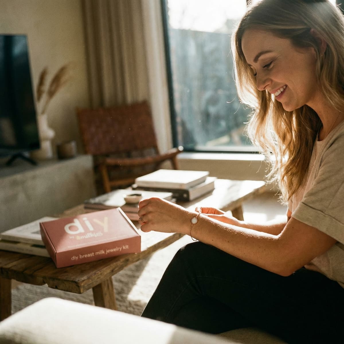 Mom making breastmilk bracelets at home with the DIY by MILKIES breast milk jewelry kit in a cozy living room, showing why a private DIY keepsake kit is a meaningful choice.