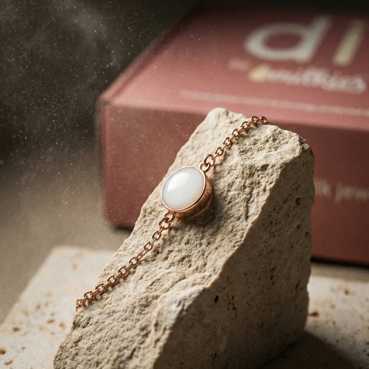 Rose gold chain bracelet with a white oval resin stone displayed on a natural rock beside a pink box, representing a breastmilk bracelets diy kit keepsake jewelry piece.