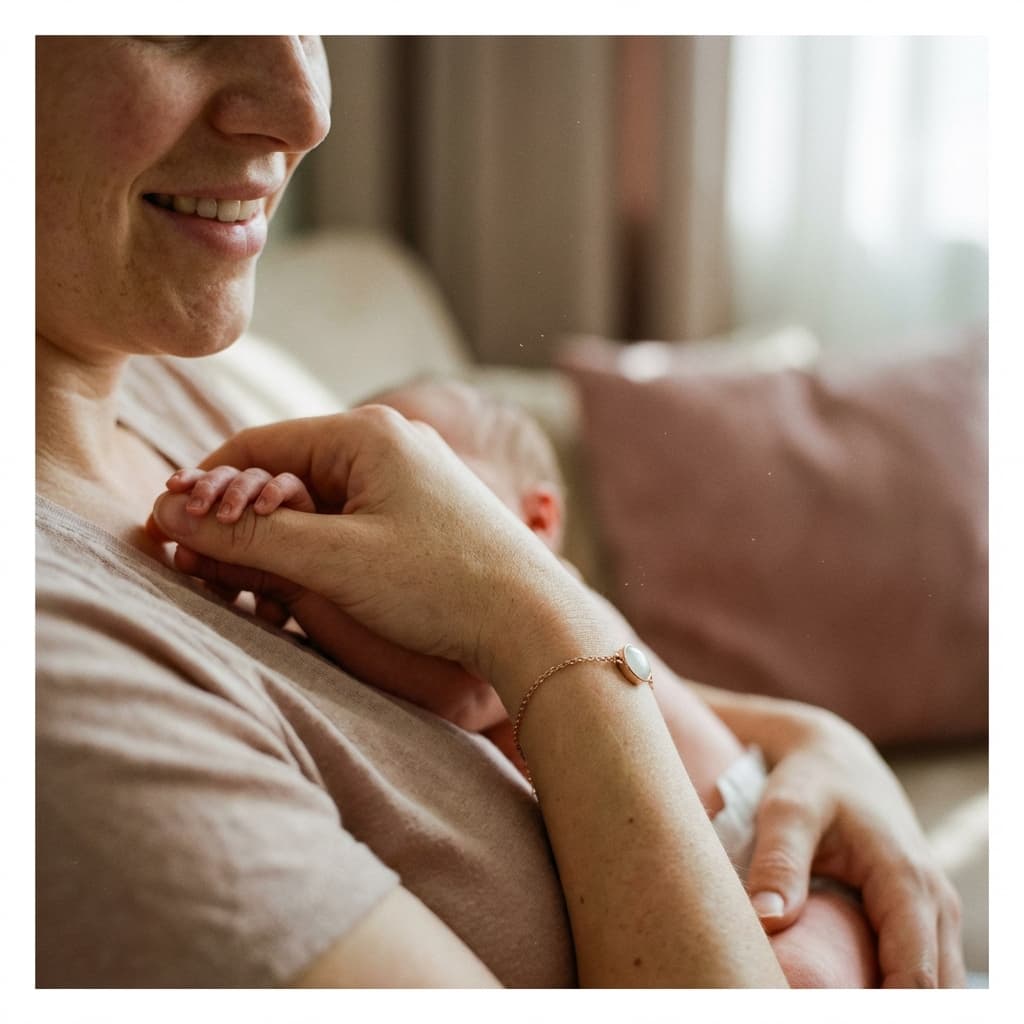 Mother cuddling her newborn in soft light while wearing a keepsake bracelet, illustrating why a breastmilk bracelets diy kit is a meaningful at-home way to preserve precious memories.