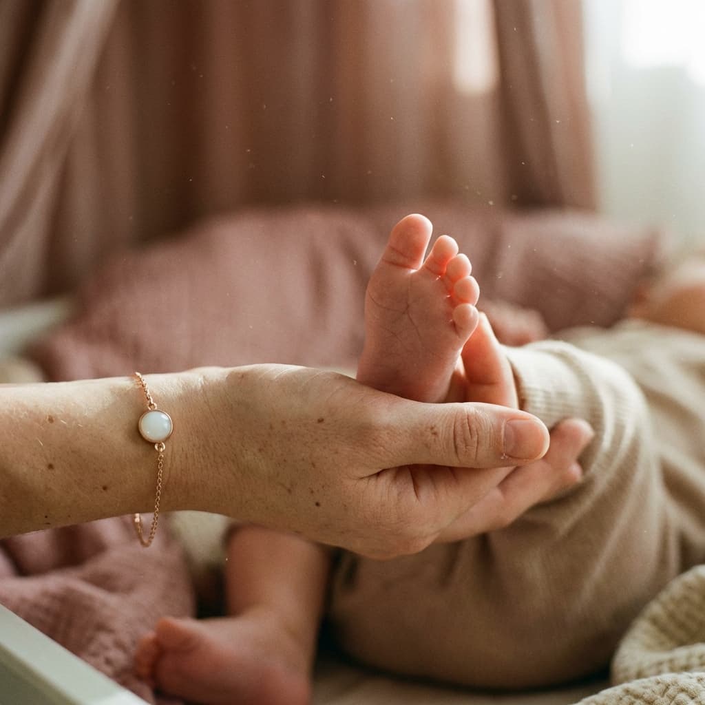 Mother holds a newborn’s tiny feet while wearing a delicate keepsake bracelet made with a breastmilk bracelets kit, capturing a special breastfeeding memory in jewelry.