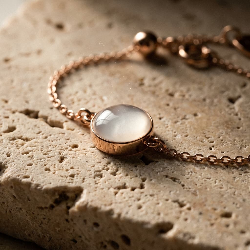Rose gold chain bracelet featuring a milky white resin cabochon centerpiece, made using a breastmilk bracelets kit on a textured stone surface.