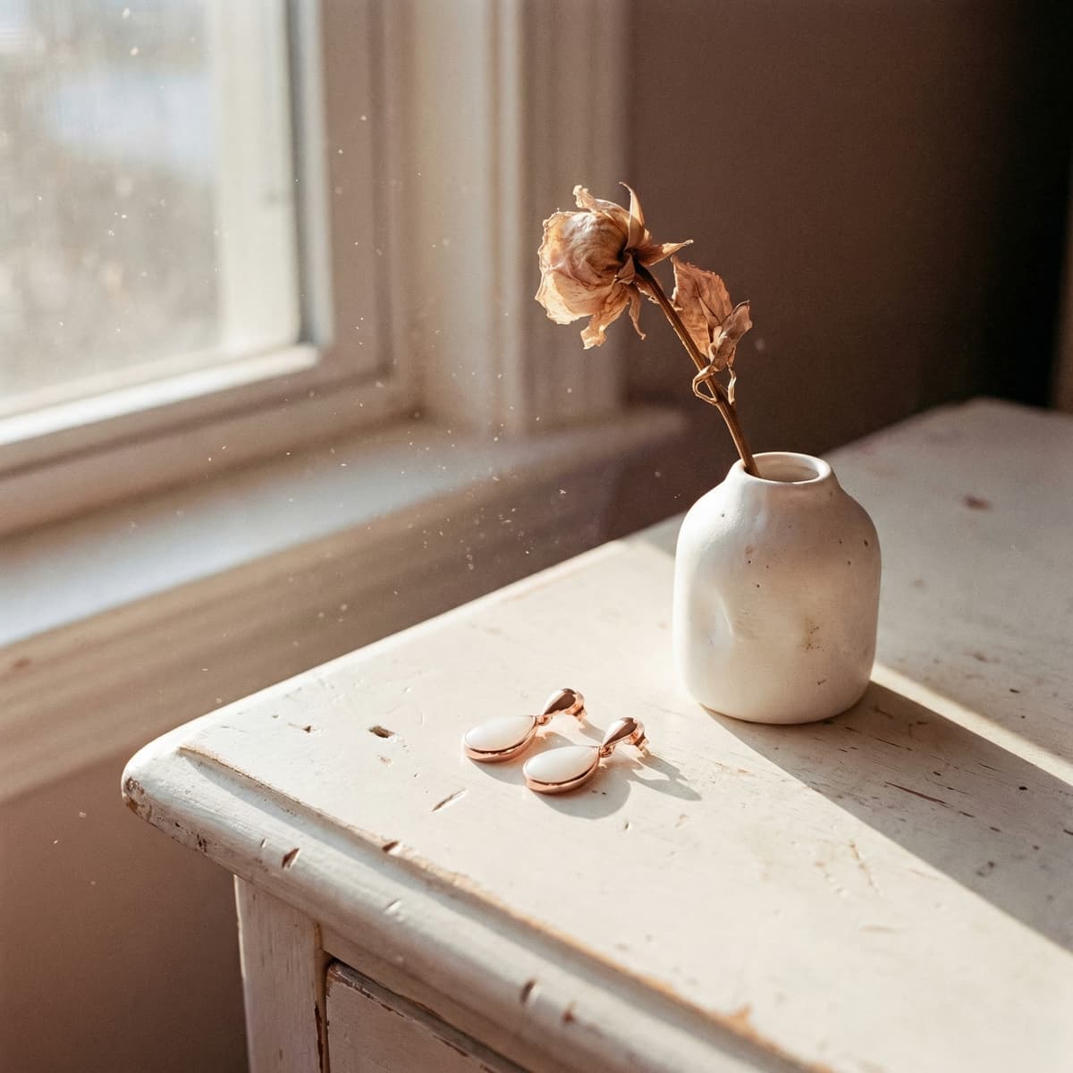 Rose-gold earrings featuring creamy resin stones preserved with breastmilk, a breastmilk earring pair styled on a rustic white table beside a ceramic vase with a dried flower in warm window light.
