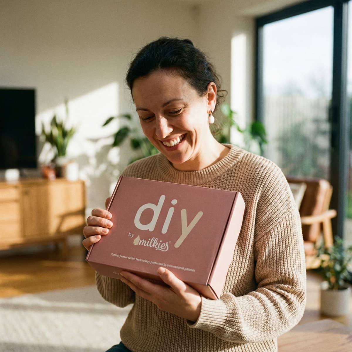 Smiling mom holding a DIY by MILKIES at-home keepsake kit box, an easy private way to make a breastmilk earring and other breastmilk jewelry at home.
