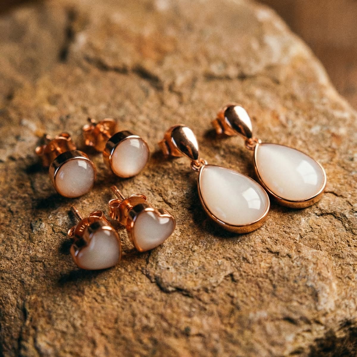 Rose gold stud and teardrop earrings with milky white resin stones displayed on a textured rock, showcasing a breastmilk earring diy kit keepsake jewelry set.