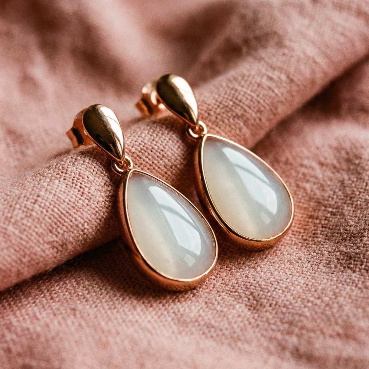 Teardrop keepsake earrings with milky white resin stones in gold settings, finished result from a breastmilk earring kit displayed on soft pink fabric