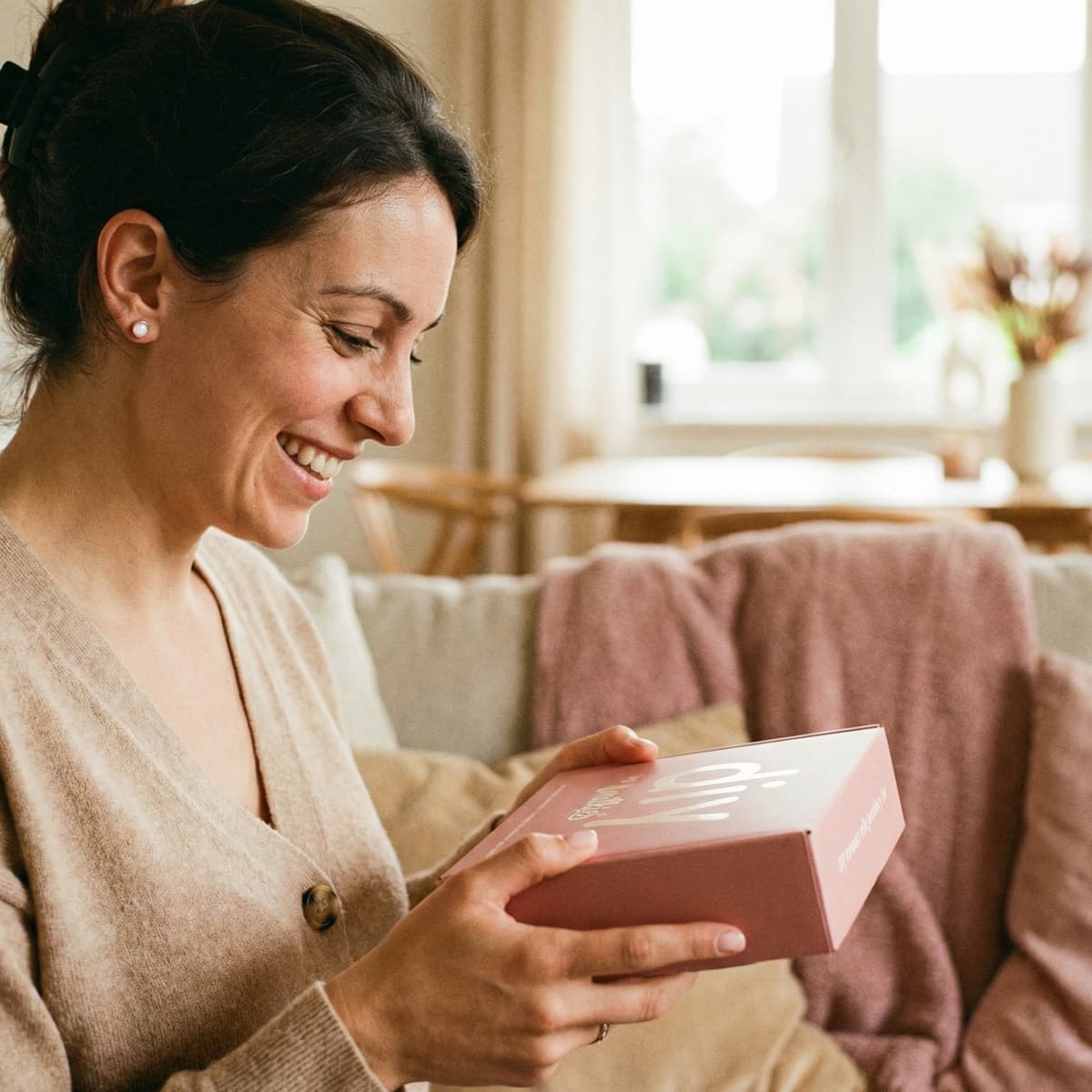 Mom smiling while opening a pink DIY by MILKIES box at home, showing a breastmilk earring kit as an easy, private way to create a meaningful keepsake
