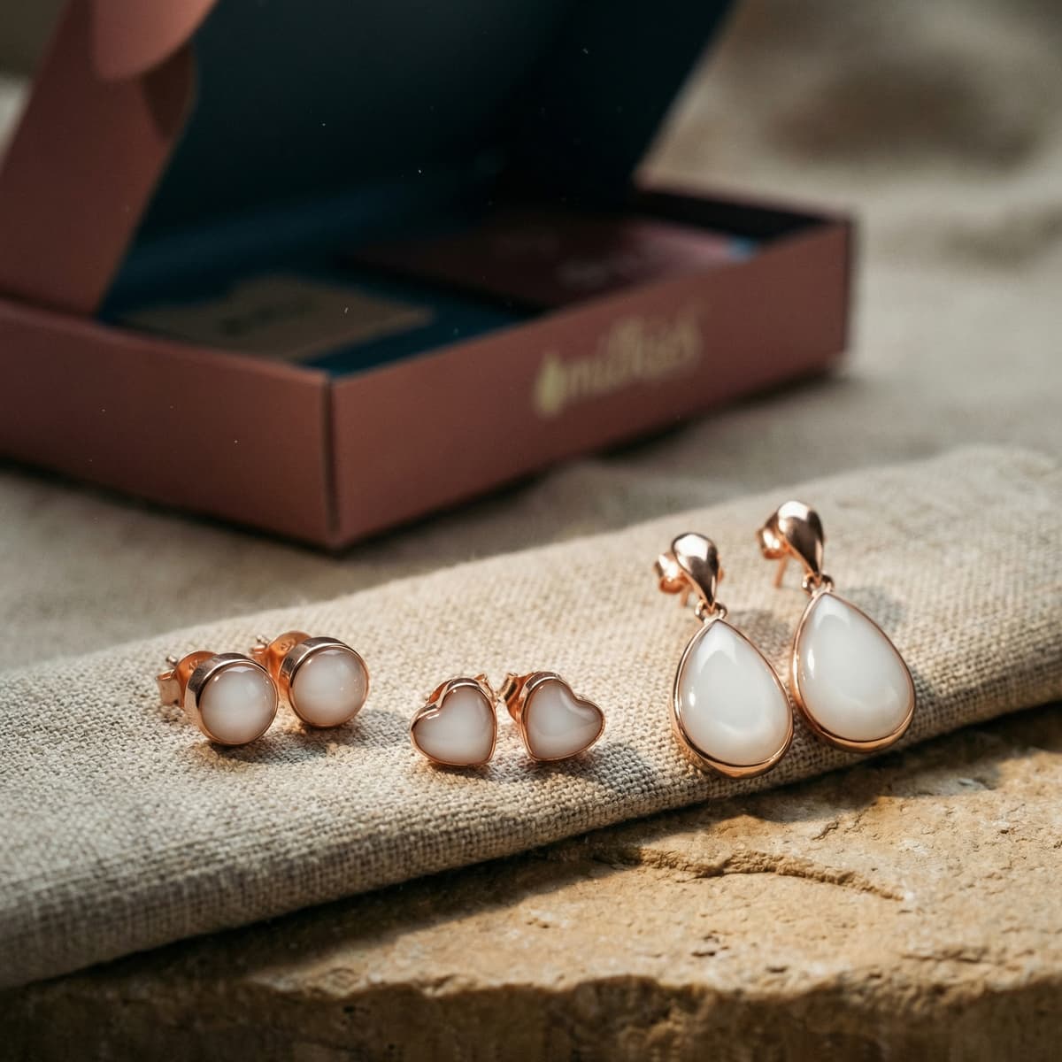 Rose gold breastmilk keepsake earrings and resin studs on linen next to a branded box, showing finished pieces made with a breastmilk earring making kit, including heart and teardrop designs.