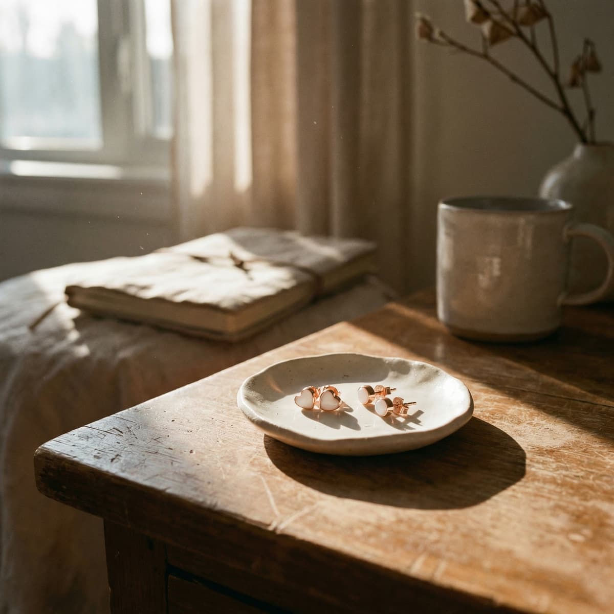 Rose gold heart-shaped earrings made with preserved breastmilk displayed on a white dish on a rustic wooden table in warm window light, with a ceramic mug and dried flowers nearby, showcasing breastmilk earrings as a keepsake jewelry piece.