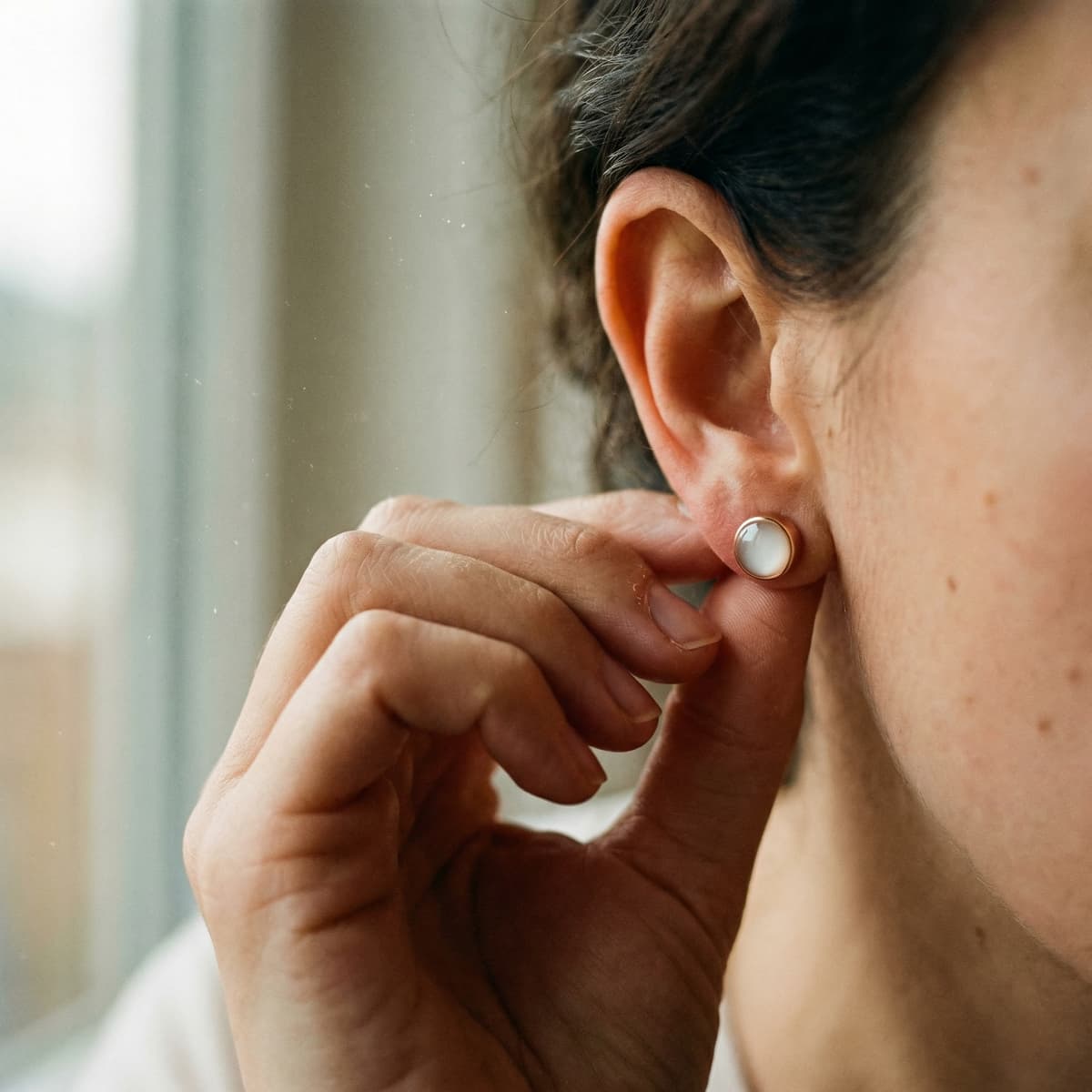 Woman adjusting a gold stud keepsake earring with milky resin made using a breastmilk earrings diy kit at home