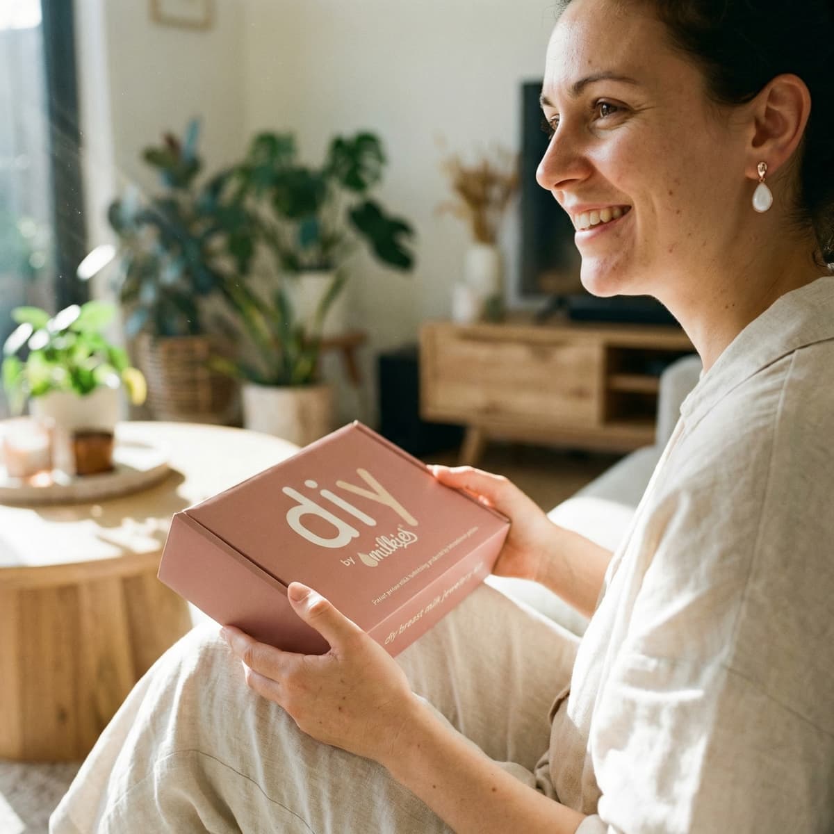 Smiling mom at home holding a DIY by MILKIES box, highlighting why a breastmilk earrings diy kit is a convenient, private way to create a personal breastmilk keepsake at home.