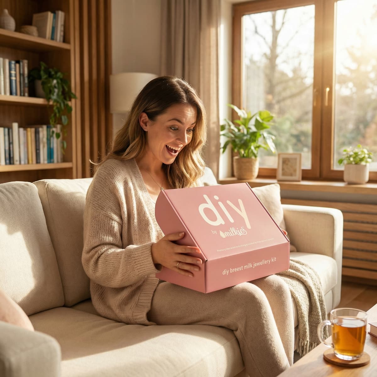 Mom unboxing a pink DIY by MILKIES breastmilk earrings kit on a cozy sofa, showing how the at-home keepsake kit lets mothers create a personal breastmilk jewelry memento privately and easily at home.