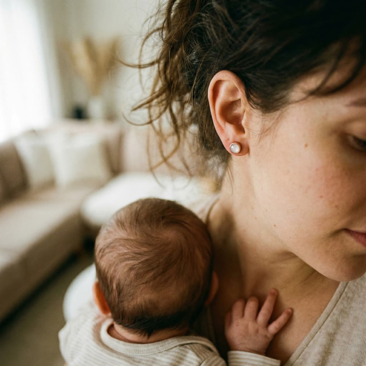 Mother holding a newborn in a cozy home, wearing pearl-like stud keepsake jewelry made with a breastmilk earrings kit.