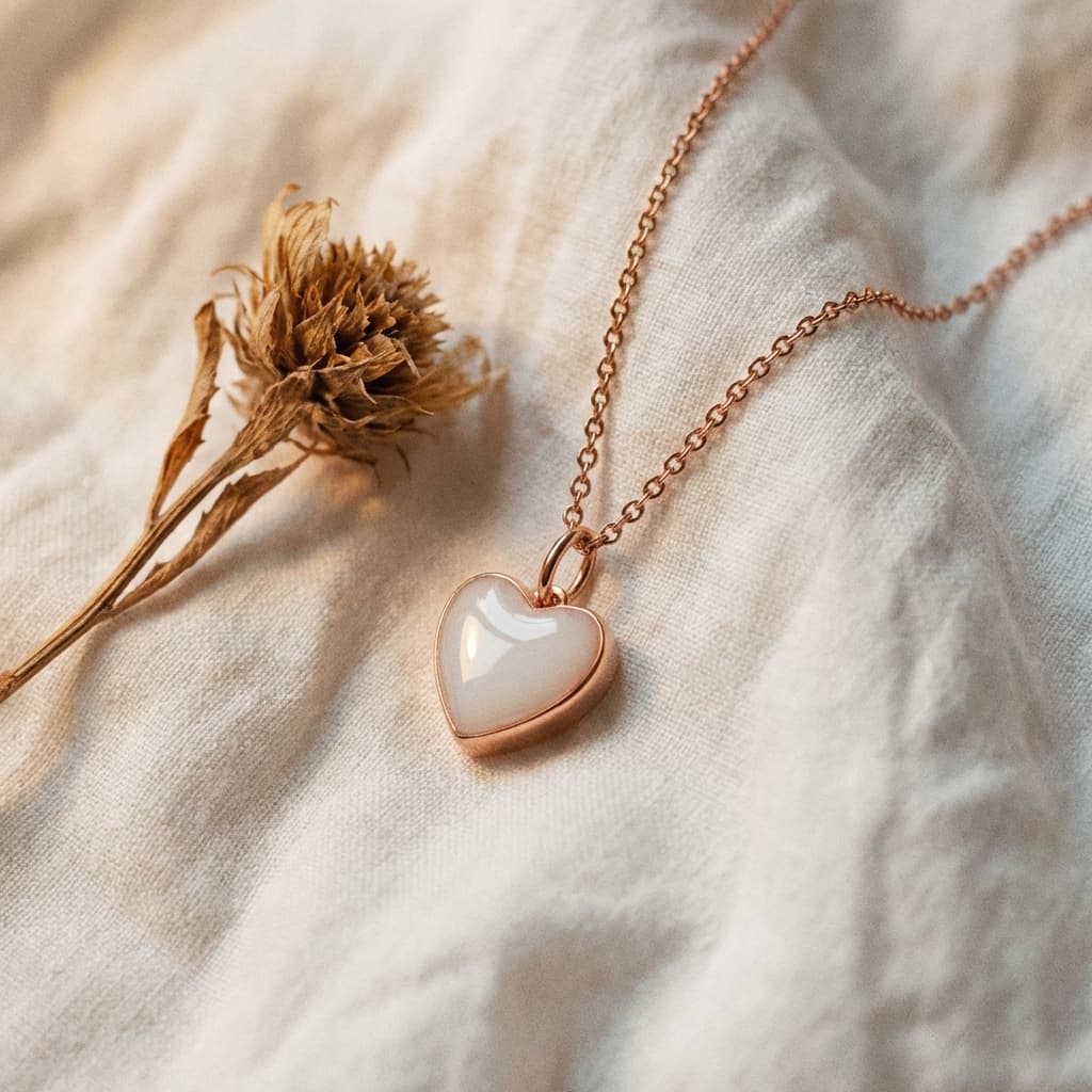 Rose gold heart pendant necklace featuring milky white resin, minimalist breastmilk jewellery keepsake displayed on soft beige fabric beside a dried flower.