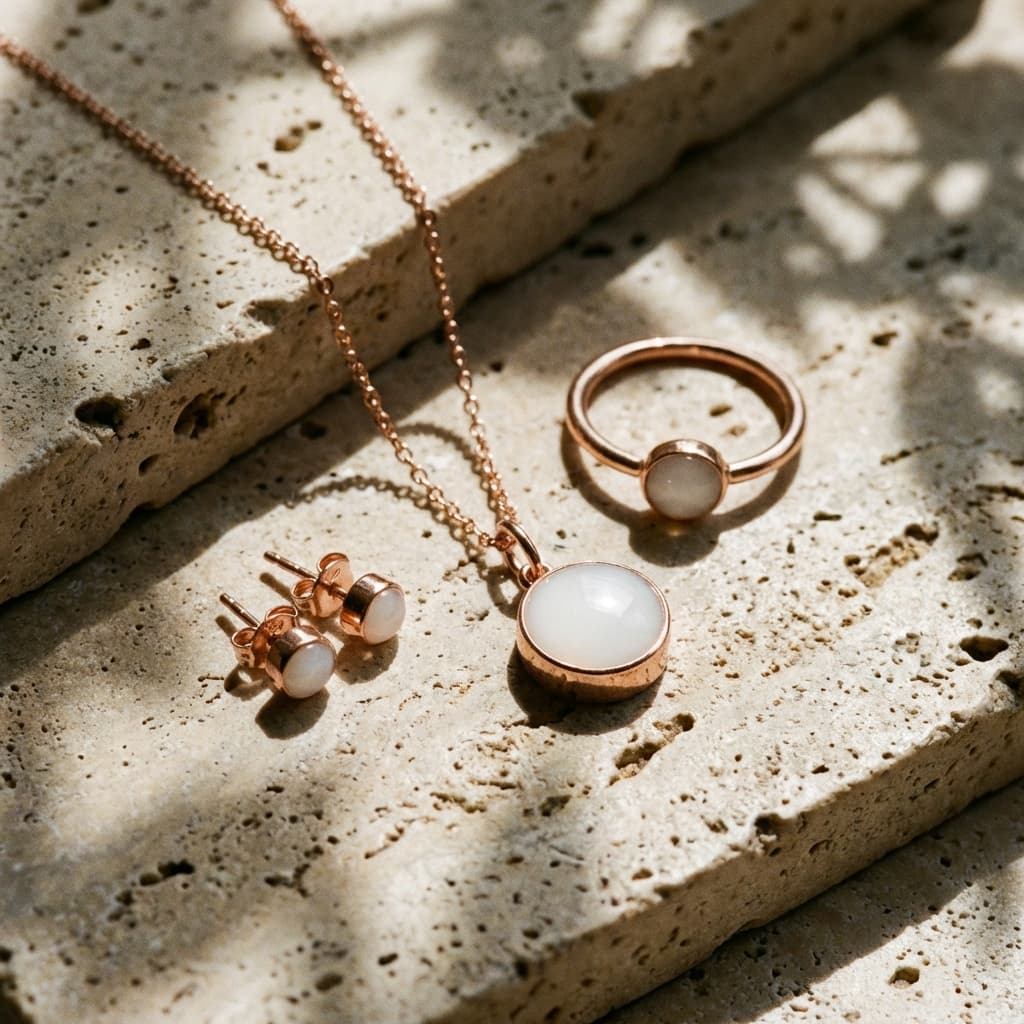 Rose gold breastmilk jewellery set with milky white resin stones, including a necklace pendant, ring, and stud earrings arranged on a textured stone surface in soft natural light