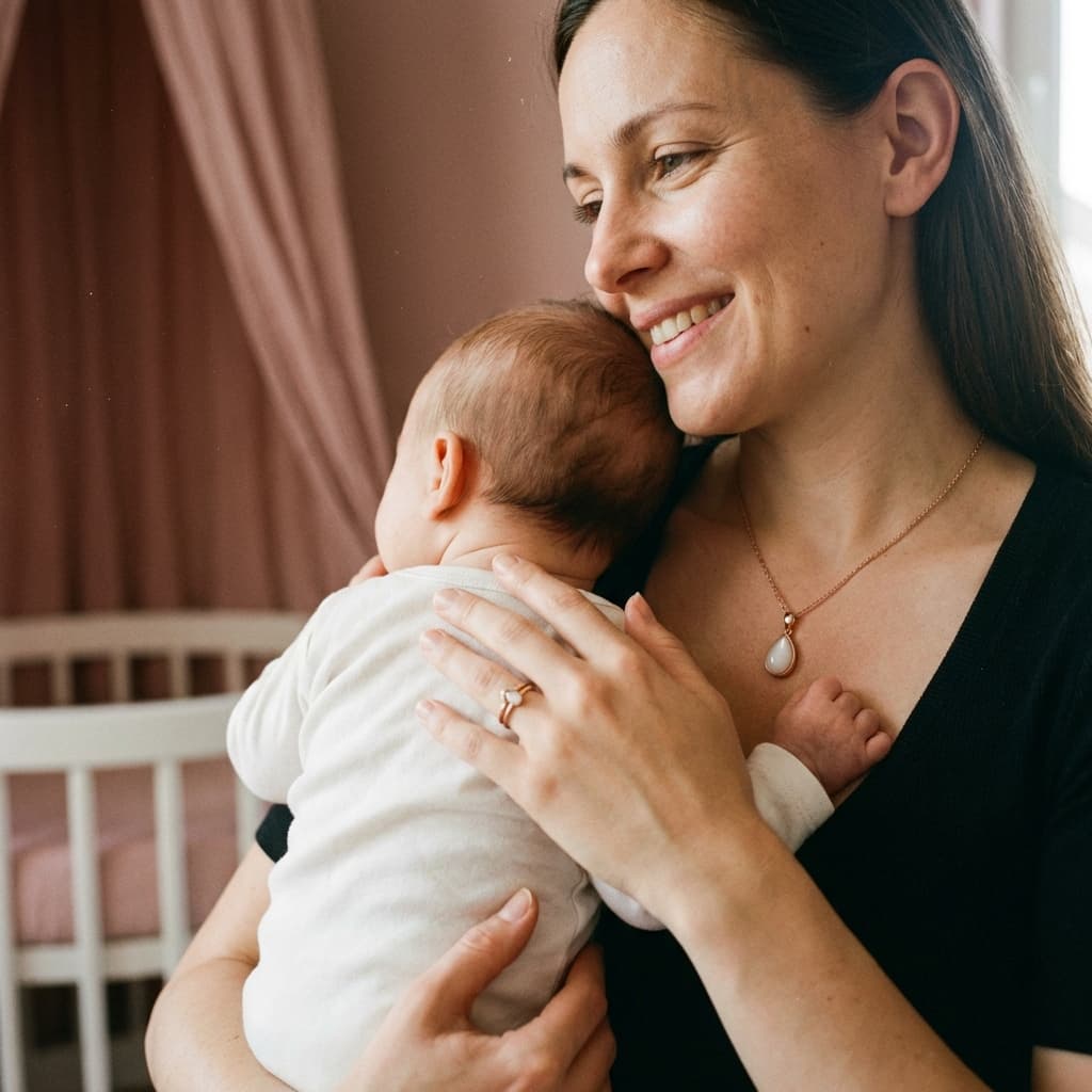 Mother cuddling her newborn at home while wearing a teardrop pendant, highlighting why a DIY kit is a meaningful, private way to create breastmilk jewellery and preserve a special milestone.