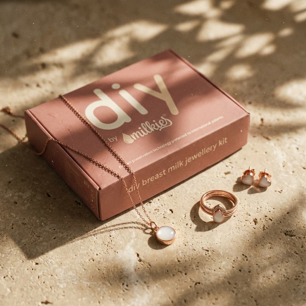 Rose gold DIY by MILKIES box on a sunlit stone surface with necklace, ring and earrings, showcasing an at-home breastmilk jewellery diy kit for making breast milk keepsake jewelry.
