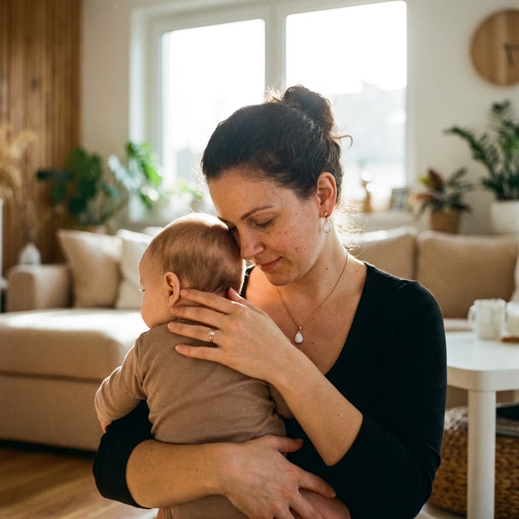 A mother cuddles her baby in a sunlit living room while wearing a white resin pendant, showing why a breastmilk jewellery diy kit is a meaningful at-home keepsake option.