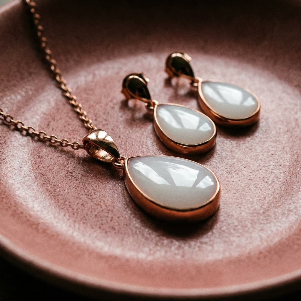 Rose-gold teardrop necklace and matching earrings with milky-white resin stones made using a breastmilk jewellery kit, displayed on a pink dish.