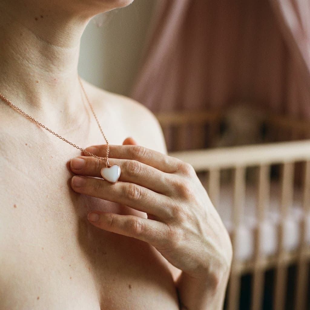 Mother in a soft nursery holding a heart-shaped keepsake necklace made with a breastmilk jewellery kit, pressing the resin pendant against her chest.