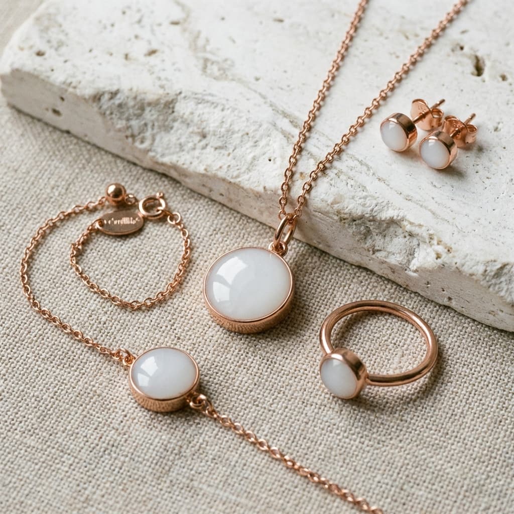 Rose gold necklace, ring, bracelet and stud earrings with milky white resin stones, featuring a breastmilk jewellery kit keepsake set arranged on neutral fabric and stone background.